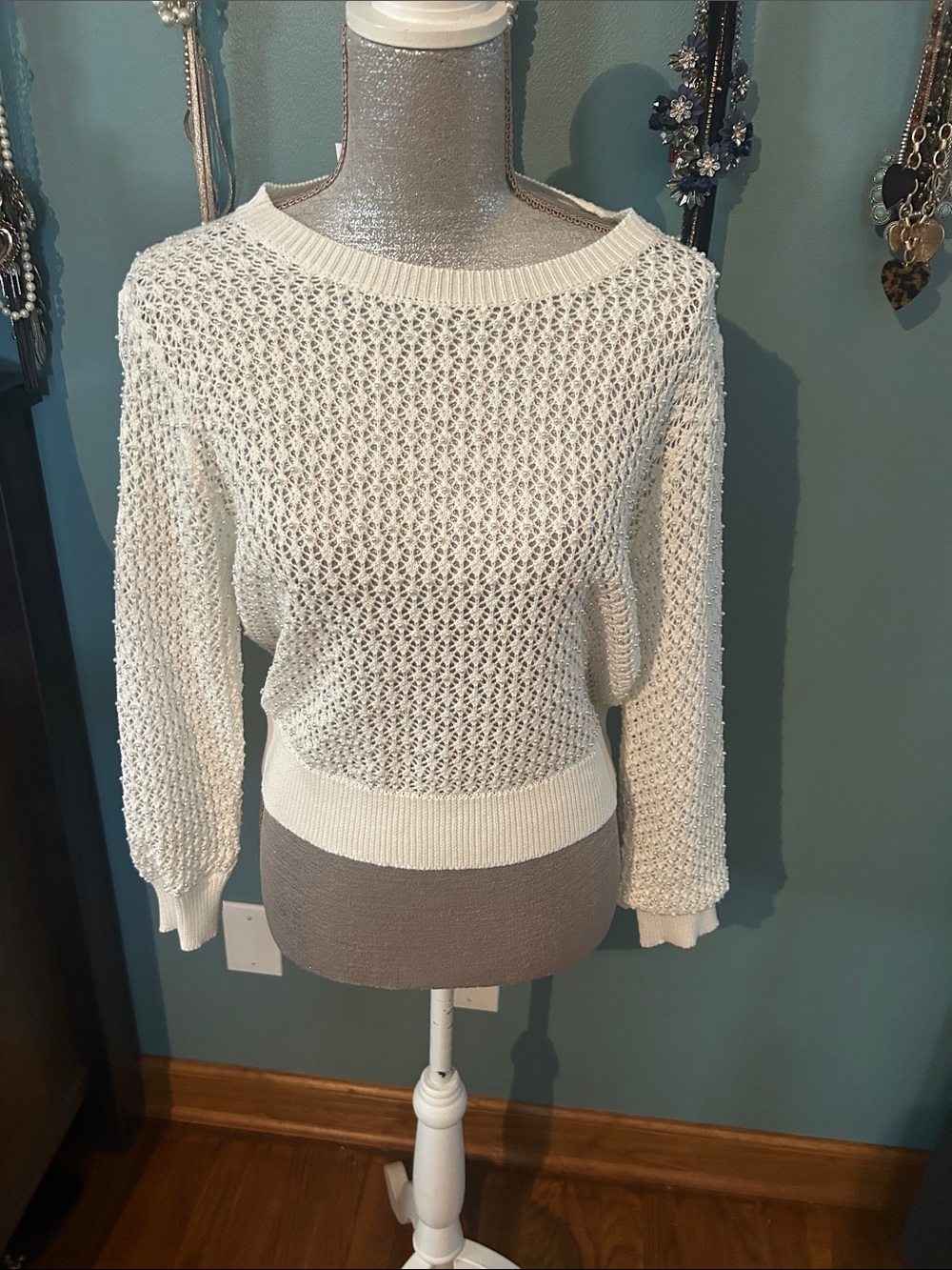 Sioni Open-Knit Crewneck Sweater in Cream